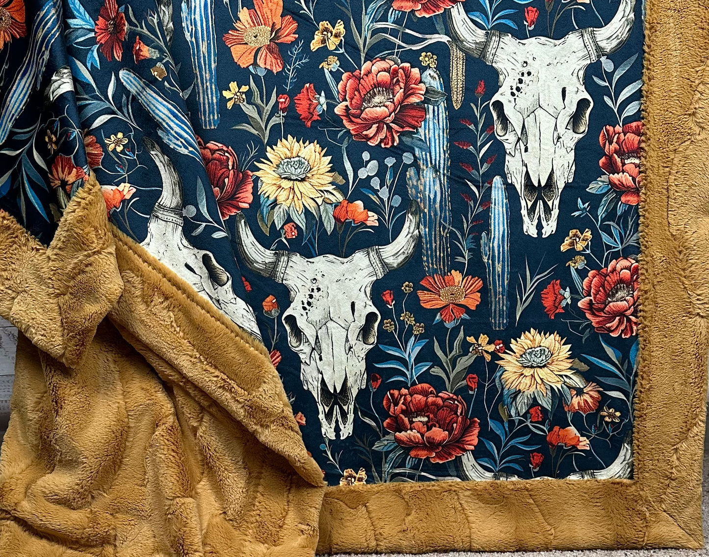 Boho Western Skull Floral on Golden Luxe Large 55x79 Minky Blanket
