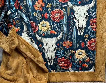 Boho Western Skull Floral on Golden Luxe Large 55x79 Minky Blanket