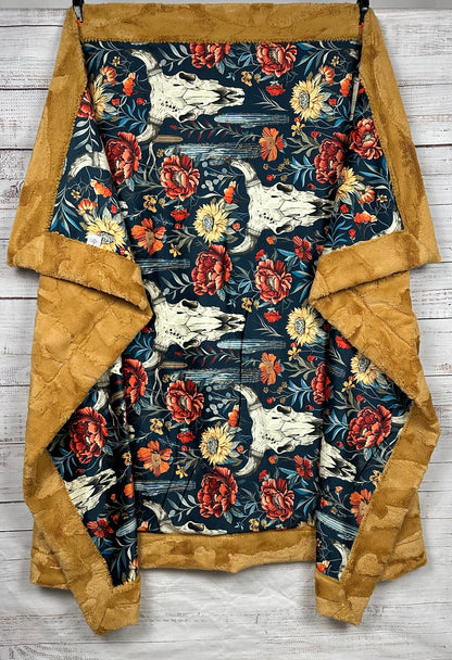 Boho Western Skull Floral on Golden Luxe Large 55x79 Minky Blanket