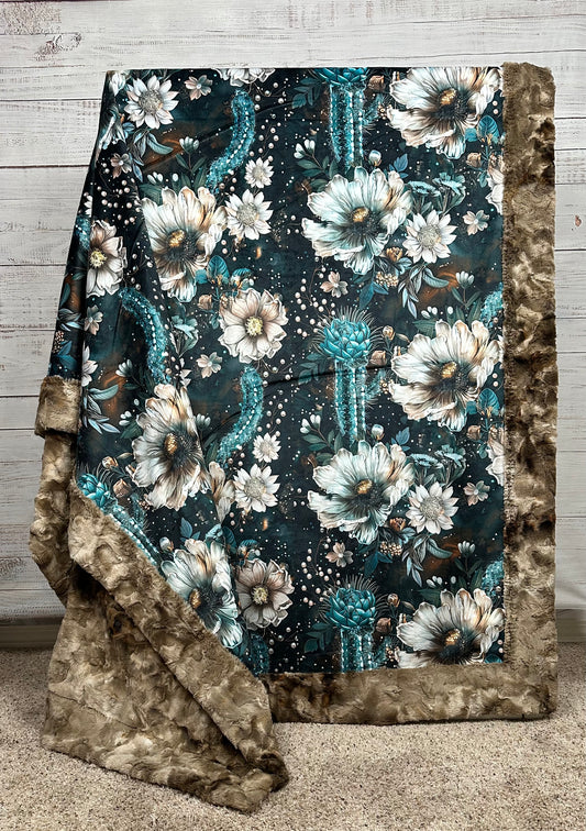 Boho Vintage Cottage Core Cactus on Taupe Luxe Large 55x79 Minky Blanket