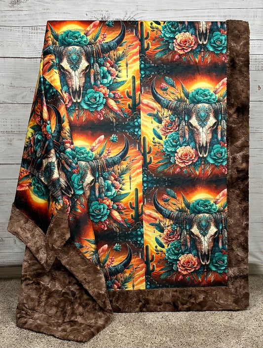 Boho Cow Skull Floral on Pinecone Luxe Large 56x79 Minky Blanket
