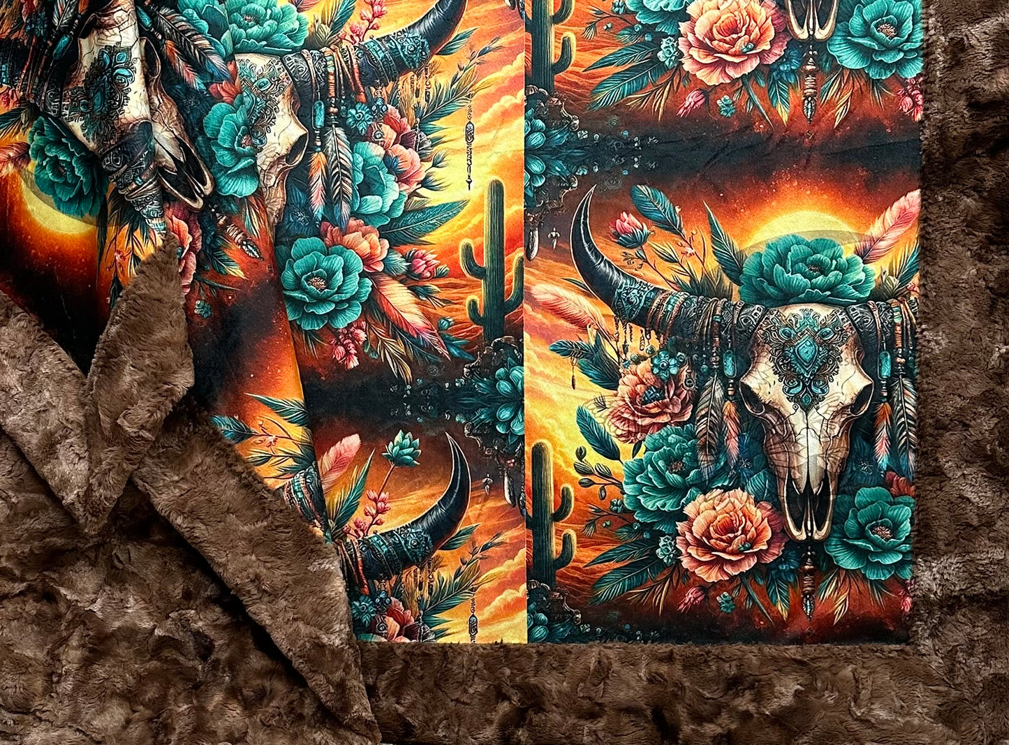 Boho Cow Skull Floral on Pinecone Luxe Large 56x79 Minky Blanket