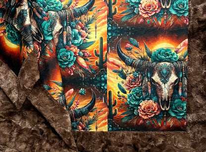 Boho Cow Skull Floral on Pinecone Luxe Large 56x79 Minky Blanket