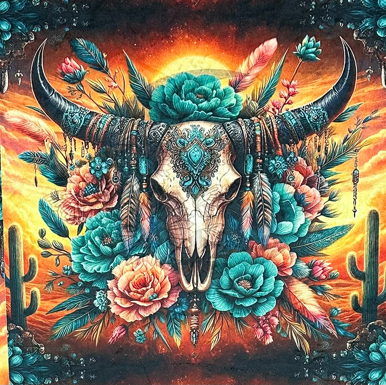 Boho Cow Skull Floral on Pinecone Luxe Large 56x79 Minky Blanket