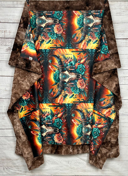 Boho Cow Skull Floral on Pinecone Luxe Large 56x79 Minky Blanket