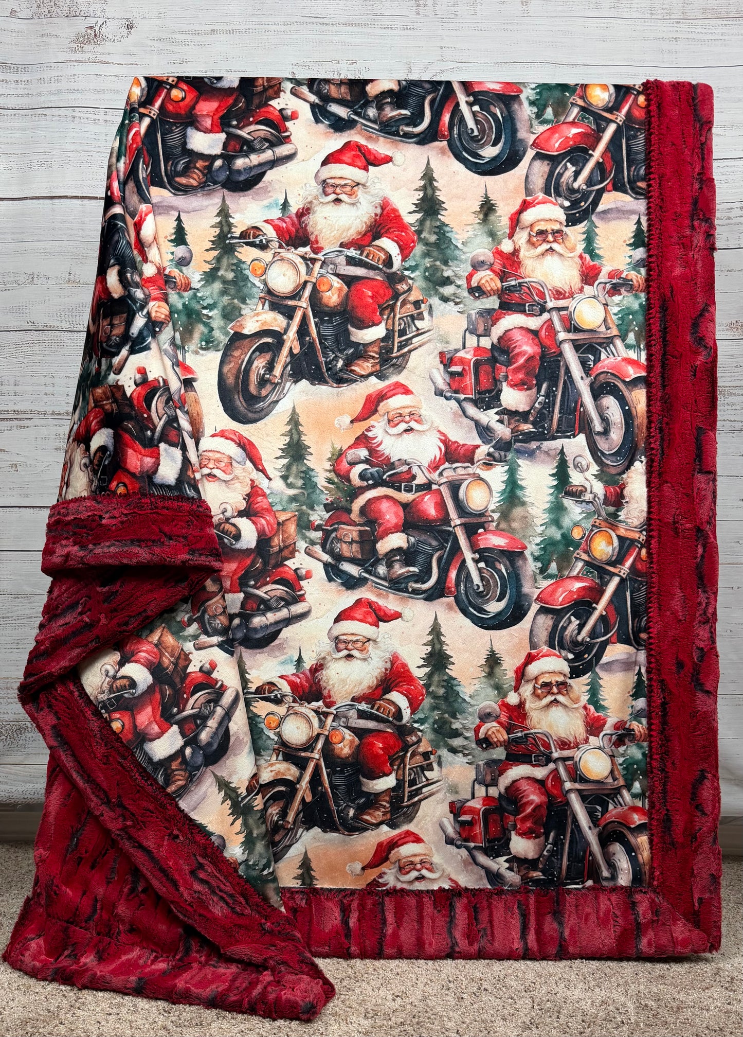 Motorcycle Santa on Red Luxe Large 55x79 Minky Blanket