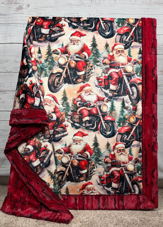 Motorcycle Santa on Red Luxe Large 55x79 Minky Blanket