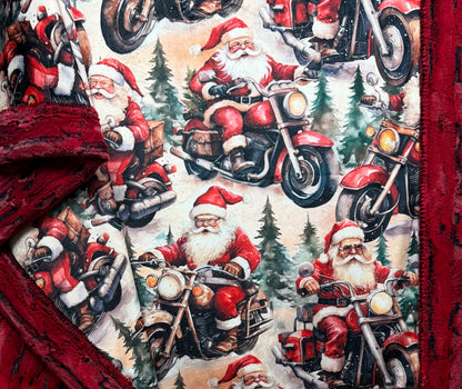 Motorcycle Santa on Red Luxe Large 55x79 Minky Blanket