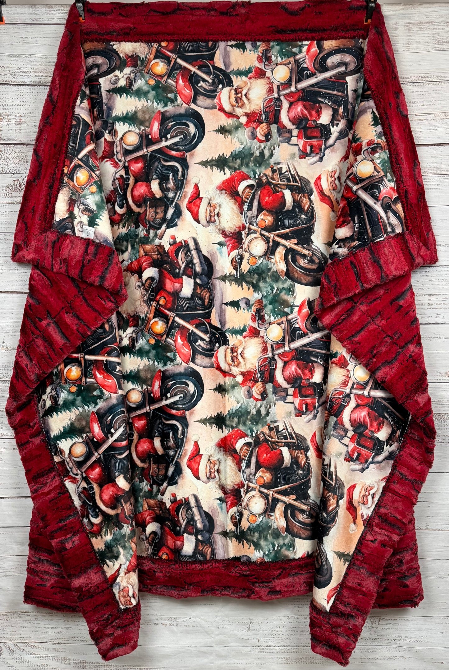 Motorcycle Santa on Red Luxe Large 55x79 Minky Blanket