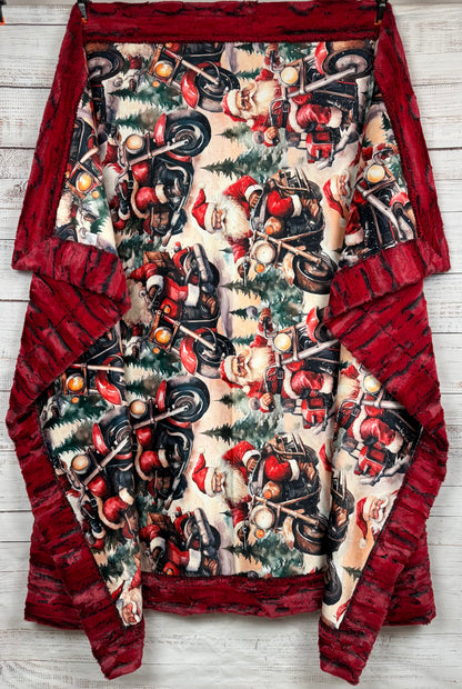 Motorcycle Santa on Red Luxe Large 55x79 Minky Blanket