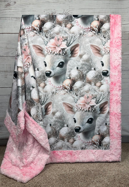 Christmas Floral Reindeer on Pink Luxe Large 55x79 Minky Blanket