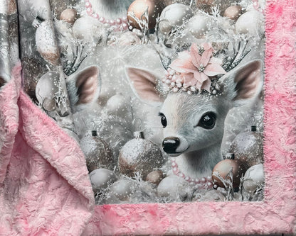 Christmas Floral Reindeer on Pink Luxe Large 55x79 Minky Blanket