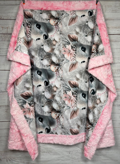 Christmas Floral Reindeer on Pink Luxe Large 55x79 Minky Blanket