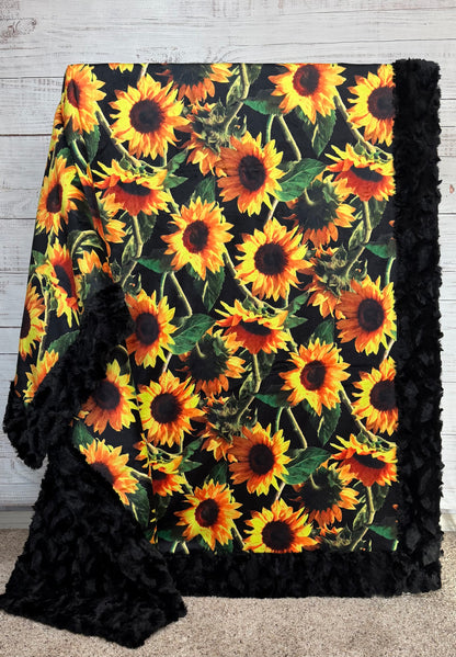 Beautiful Sunflowers on Black Luxe Large Minky Blanket