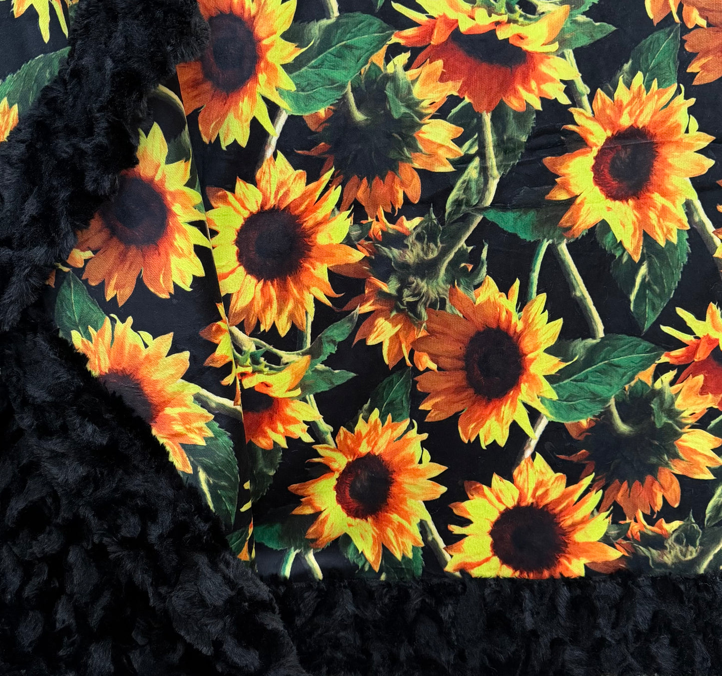 Beautiful Sunflowers on Black Luxe Large Minky Blanket