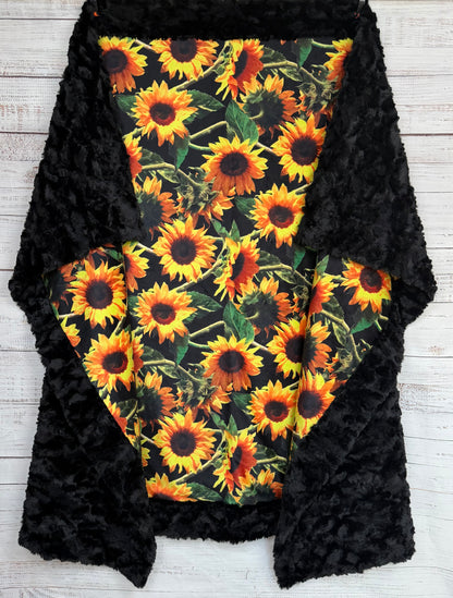 Beautiful Sunflowers on Black Luxe Large Minky Blanket