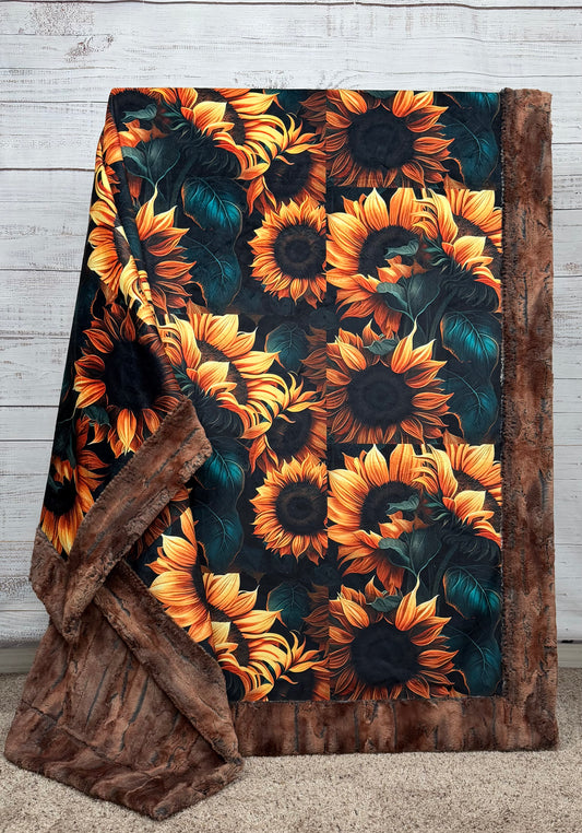 Rustic Sunflowers on Rusty Copper Luxe 56x79 Large Minky Blanket