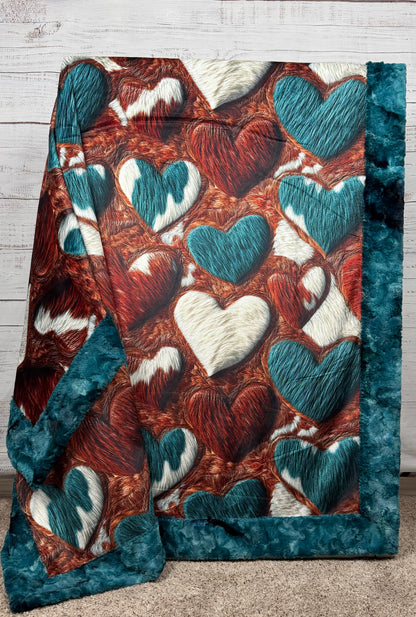 Western Valentine Hearts on Mallard Luxe Large 55x79 Minky Blanket