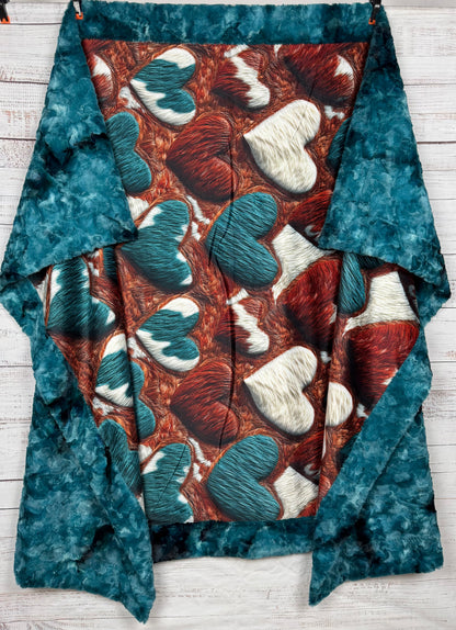 Western Valentine Hearts on Mallard Luxe Large 55x79 Minky Blanket