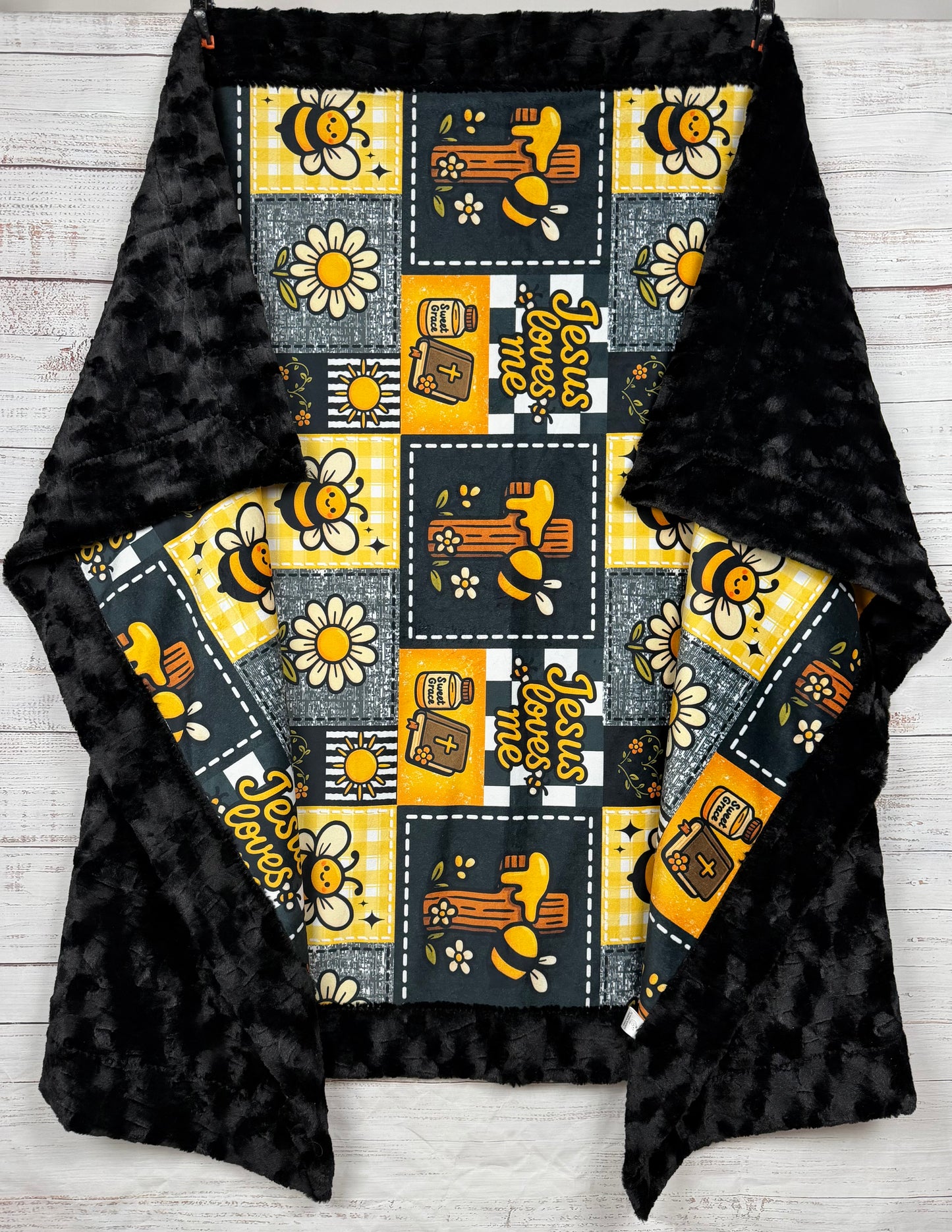 Jesus Loves Me on Black Luxe Large 55x79 Minky Blanket