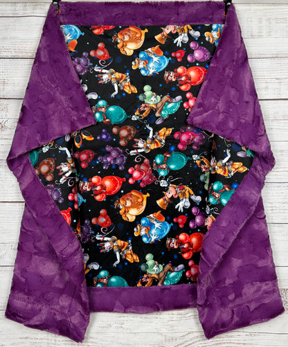 Party Balloons on Berry Purple Luxe Child Size 42x60 Minky Blanket With Pillowcase