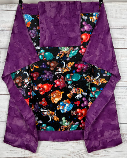 Party Balloons on Berry Purple Luxe Child Size 42x60 Minky Blanket With Pillowcase