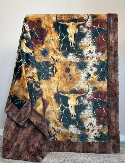 Skull in the Desert on Brown Luxe Large 56x79 Minky Blanket