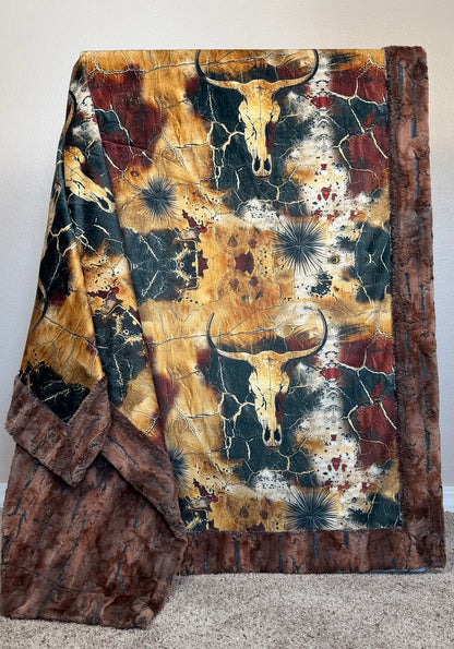 Skull in the Desert on Brown Luxe Large 56x79 Minky Blanket