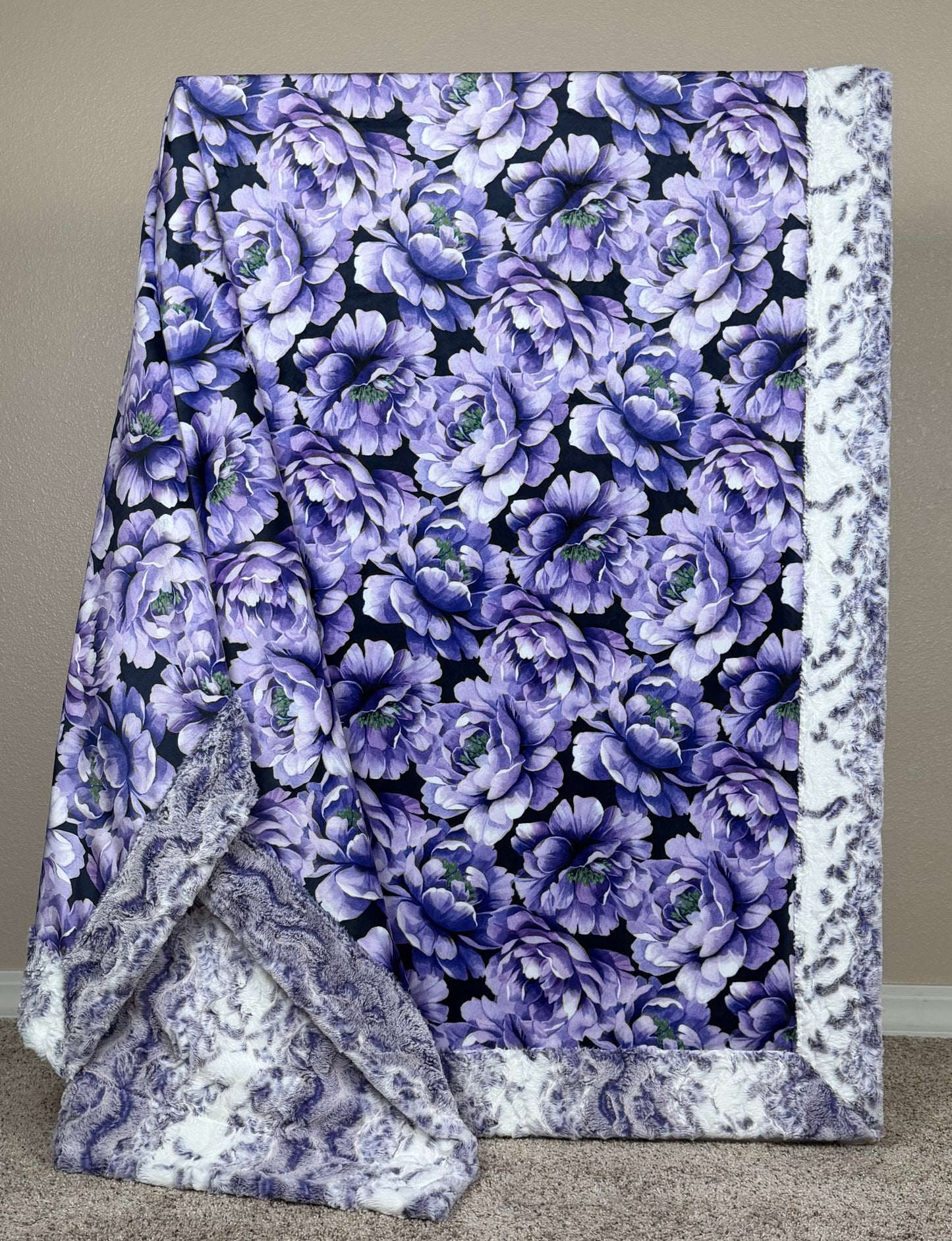 Purple Flowers on Viola Snowy Owl Luxe XL 55x86 Minky Blanket
