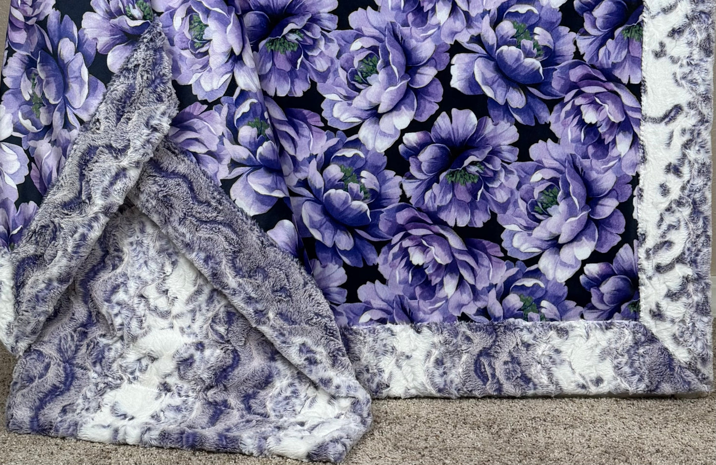 Purple Flowers on Viola Snowy Owl Luxe XL 55x86 Minky Blanket