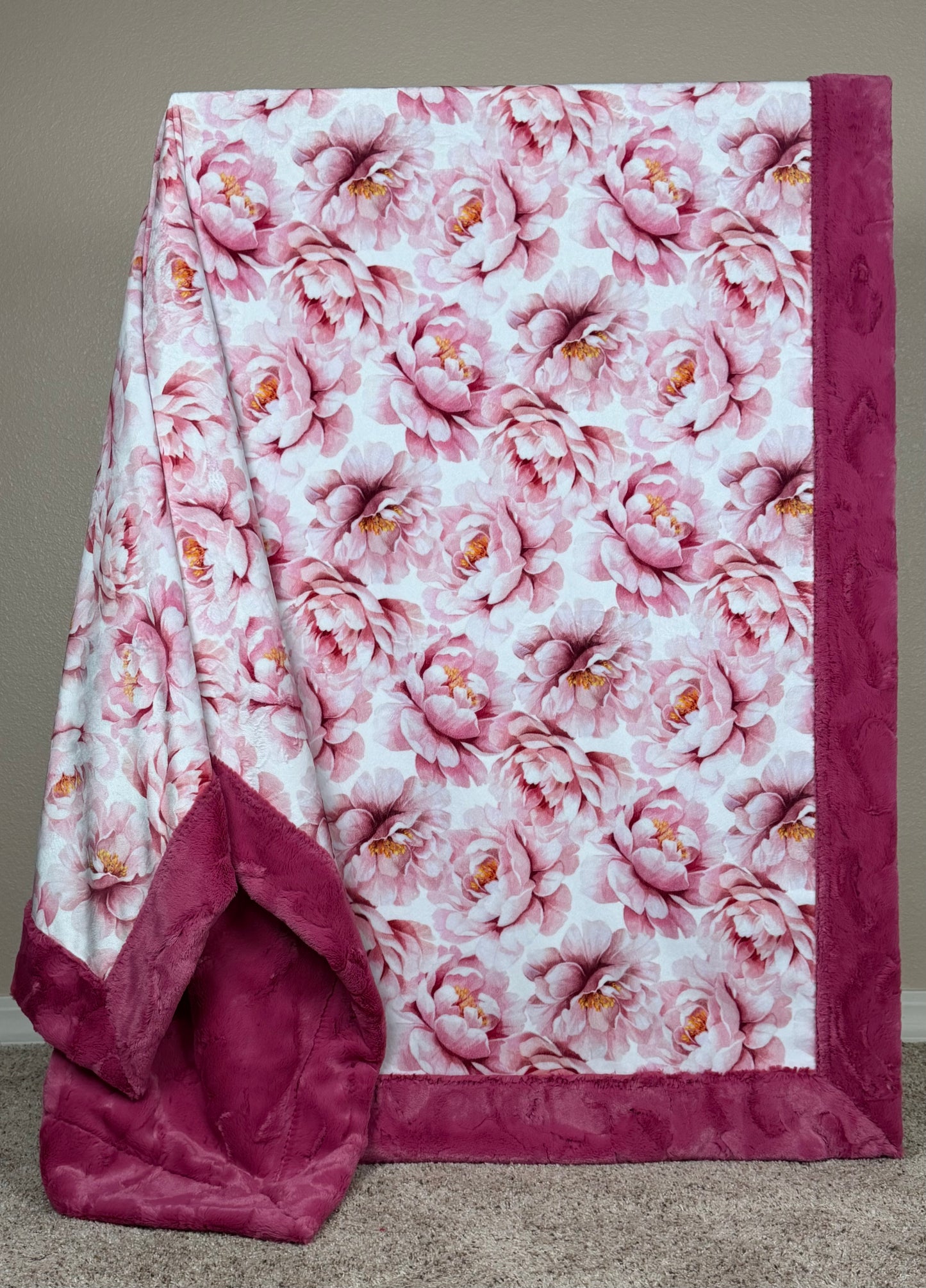 Pink Flowers on Fuchsia Luxe XL 55x86 Minky Blanket (NEW)