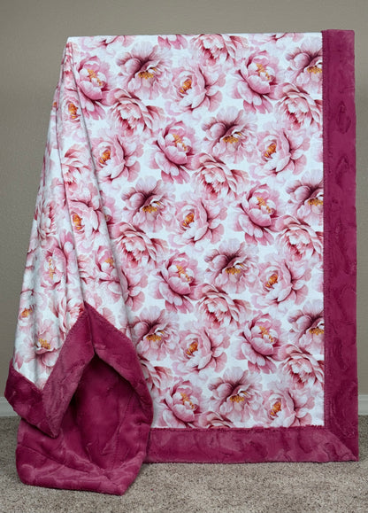 Pink Flowers on Fuchsia Luxe XL 55x86 Minky Blanket (NEW)