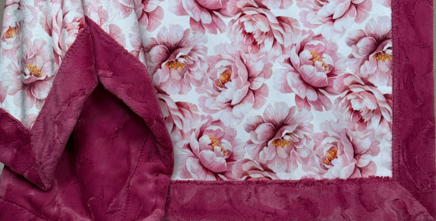 Pink Flowers on Fuchsia Luxe XL 55x86 Minky Blanket (NEW)