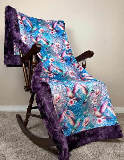 Humming Birds on Plum Luxe Large 55x79 Minky Blanket
