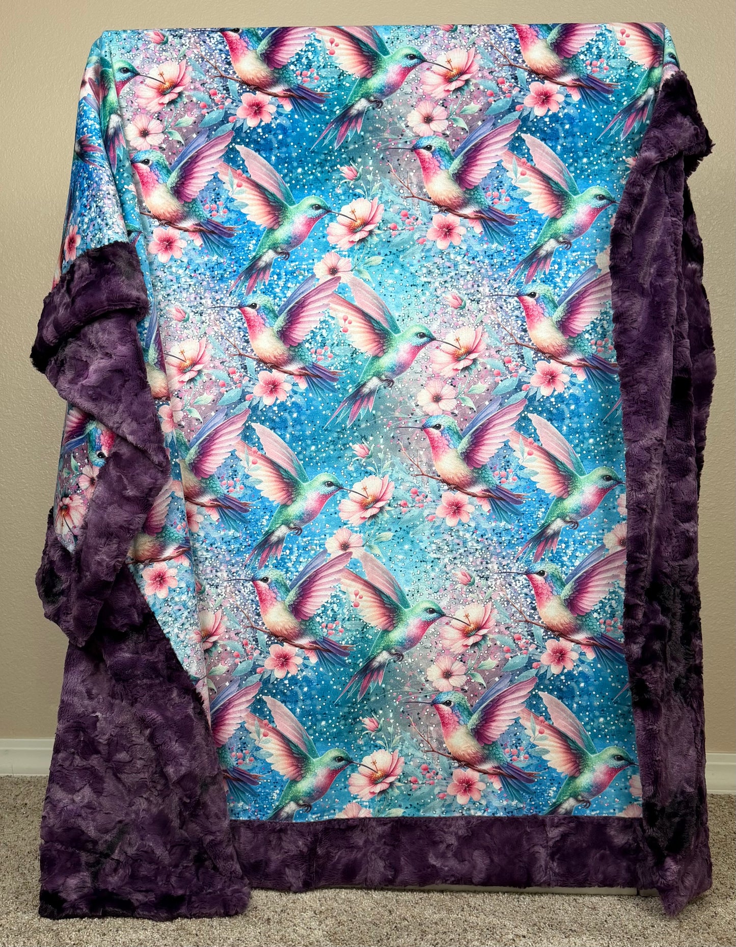 Humming Birds on Plum Luxe Large 55x79 Minky Blanket