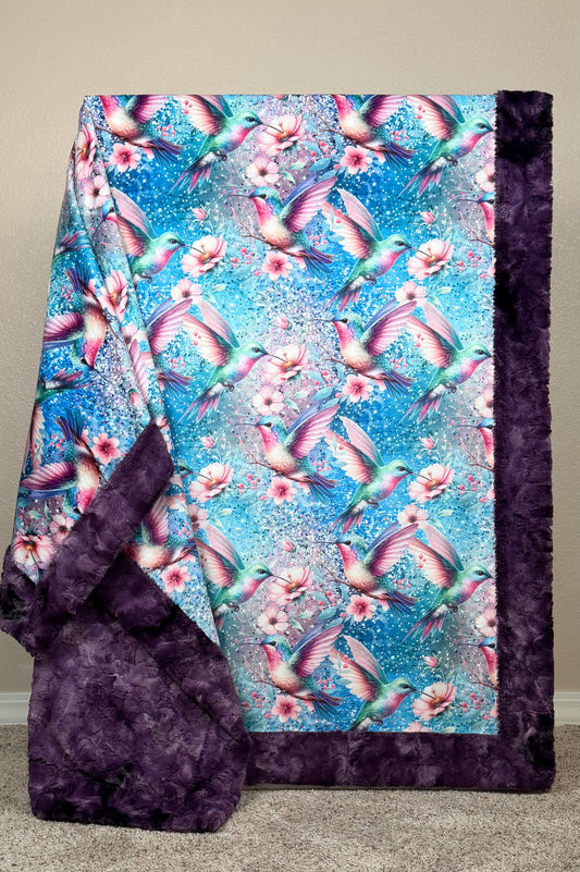 Humming Birds on Plum Luxe Large 55x79 Minky Blanket