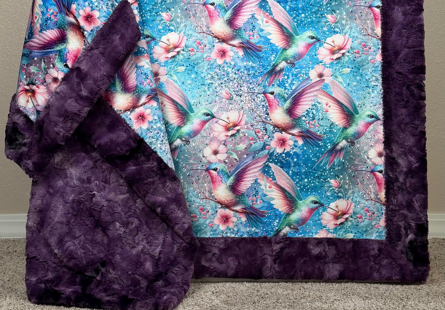 Humming Birds on Plum Luxe Large 55x79 Minky Blanket