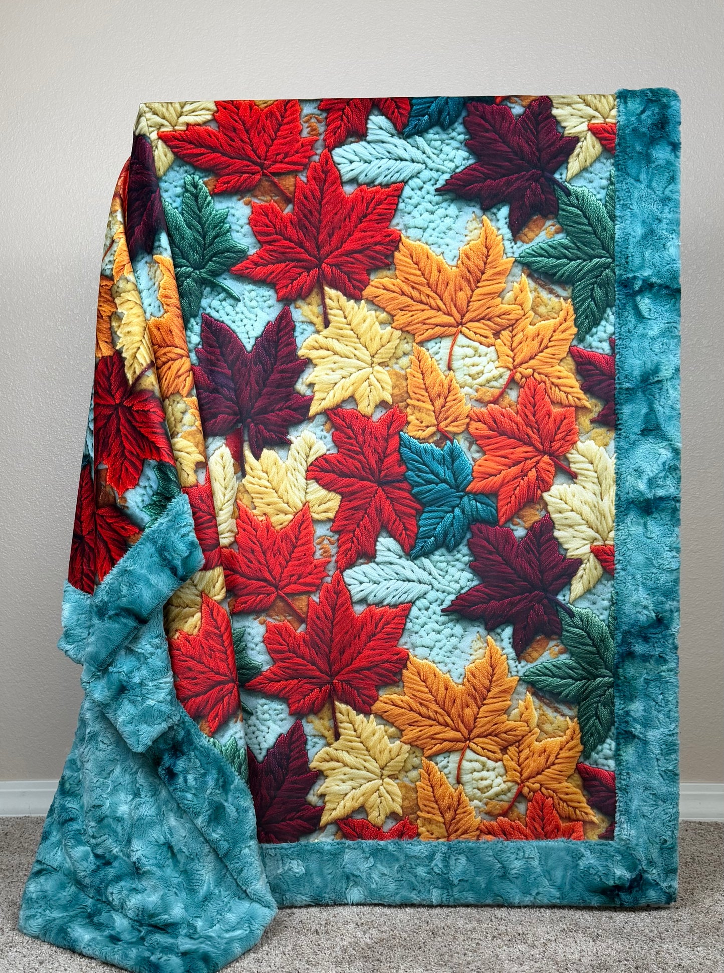 Colorful Leaves on Aqua Sea Luxe Large 55x79 Minky Blanket
