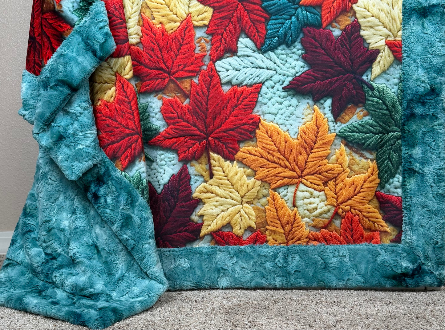 Colorful Leaves on Aqua Sea Luxe Large 55x79 Minky Blanket