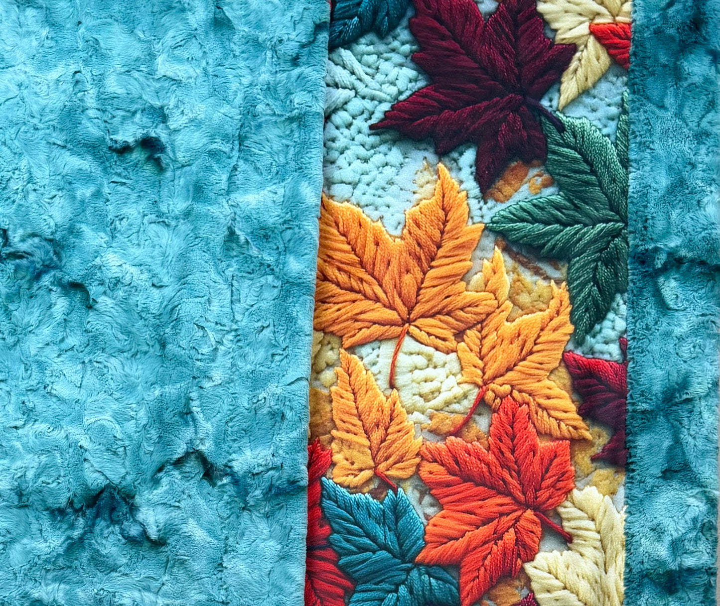 Colorful Leaves on Aqua Sea Luxe Large 55x79 Minky Blanket