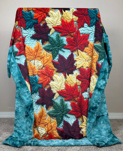 Colorful Leaves on Aqua Sea Luxe Large 55x79 Minky Blanket