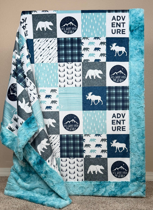 Adventure Patchwork 0n Aqua Sea Luxe Large 55x79 Minky Blanket