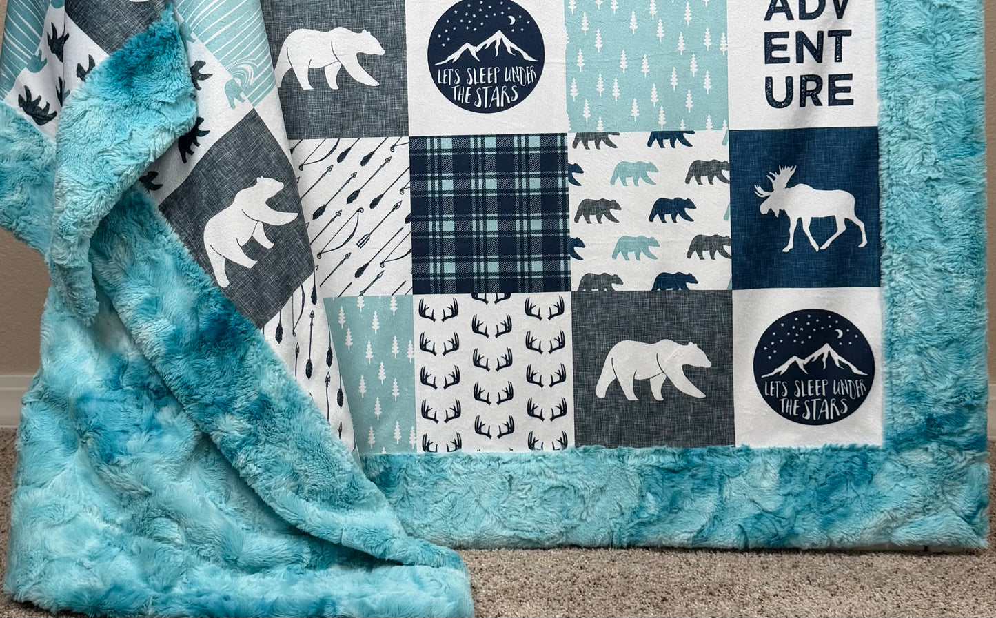 Adventure Patchwork 0n Aqua Sea Luxe Large 55x79 Minky Blanket