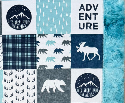 Adventure Patchwork 0n Aqua Sea Luxe Large 55x79 Minky Blanket