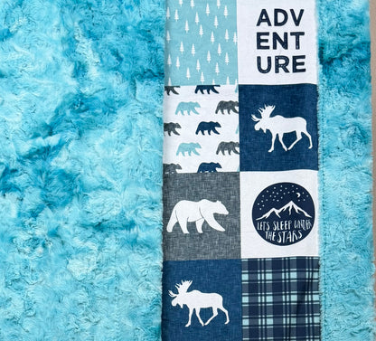 Adventure Patchwork 0n Aqua Sea Luxe Large 55x79 Minky Blanket