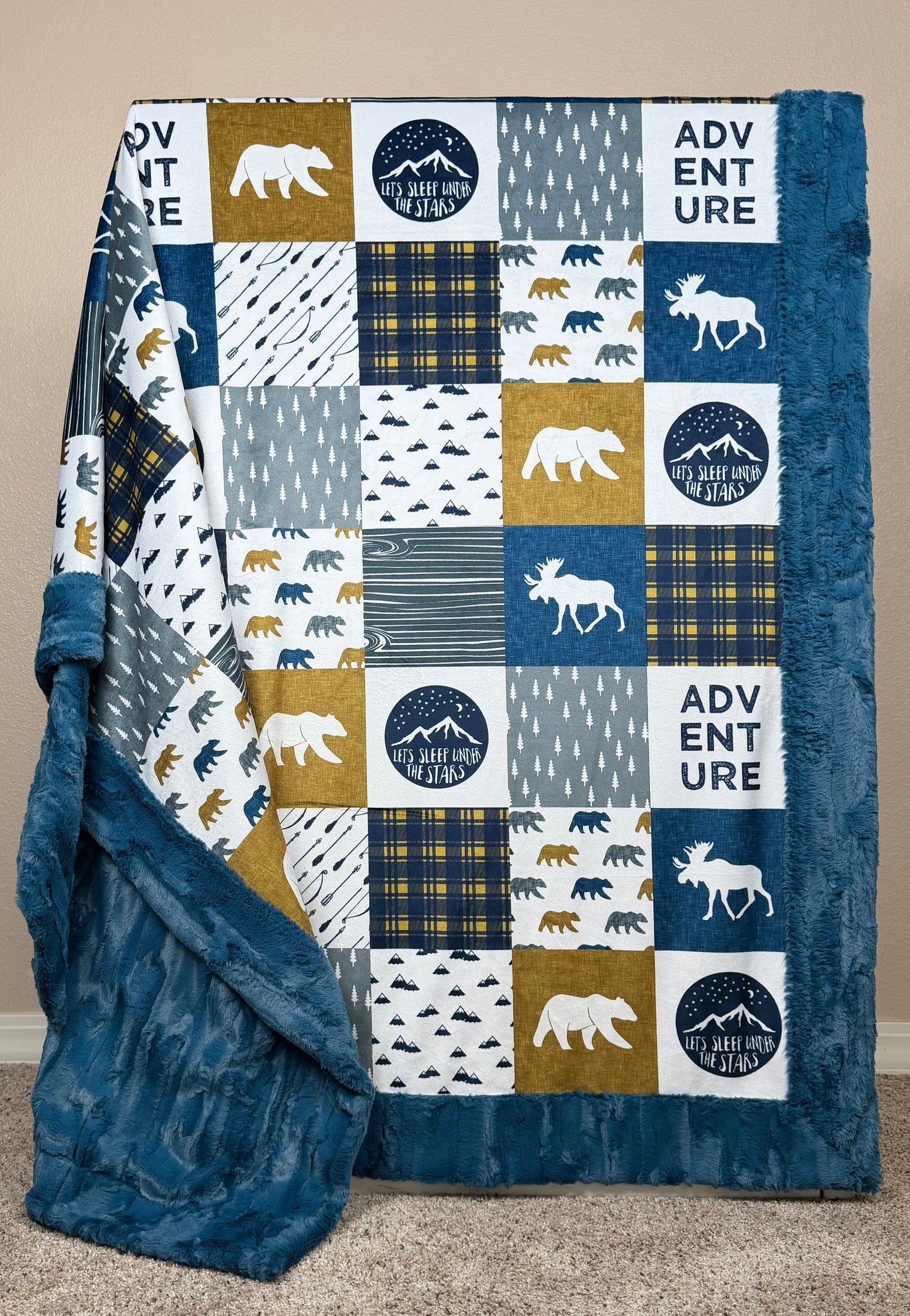 Adventure Patchwork on Poseidon Luxe Large 55x79 Minky Blanket