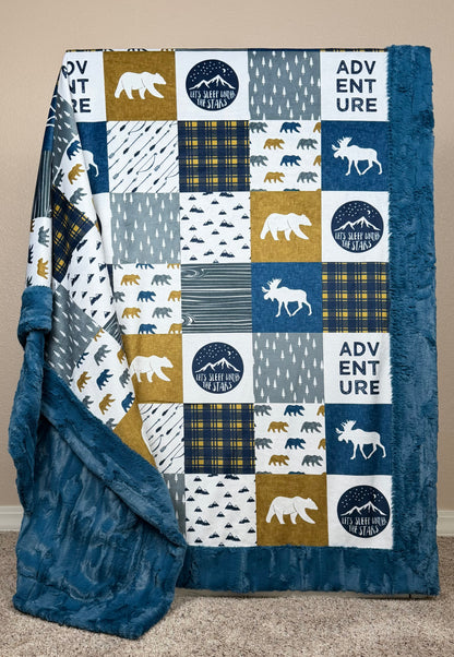 Adventure Patchwork on Poseidon Luxe Large 55x79 Minky Blanket
