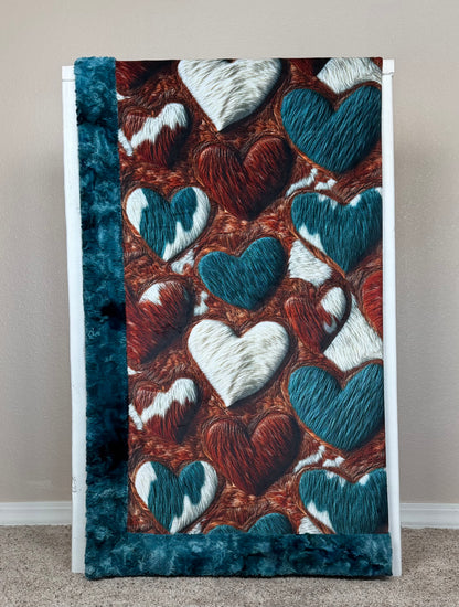 XL Hearts on Mallard Luxe  55x86 Minky Blanket