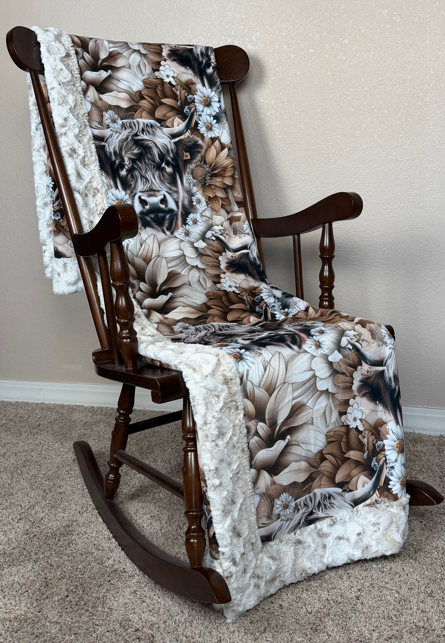 XL Highland Cow on Snowy Owl Luxe 55x86 Minky Blanket
