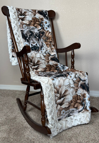 XL Highland Cow on Snowy Owl Luxe 55x86 Minky Blanket